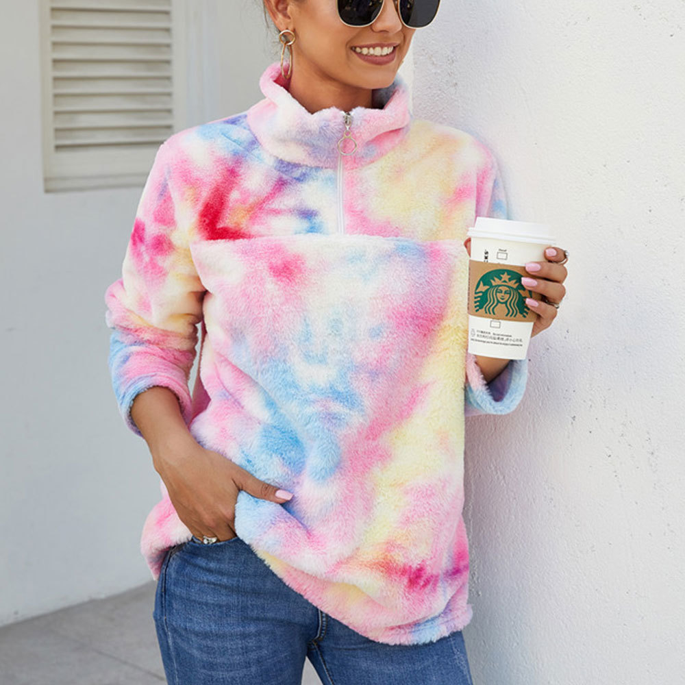 Autumn Winter Zipper Turtleneck Colorful Fleece Hoodies Fashion Rainbow Tie Dye Sweatshirt for Women Oversized Flannel Tops 210428