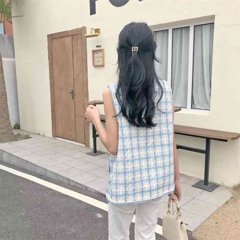 Women's Fashion Elegant Tweed Woolen Vest Ladies Korea Chic Style Buttons Pockets Casual Plaid Coat For Women 210520