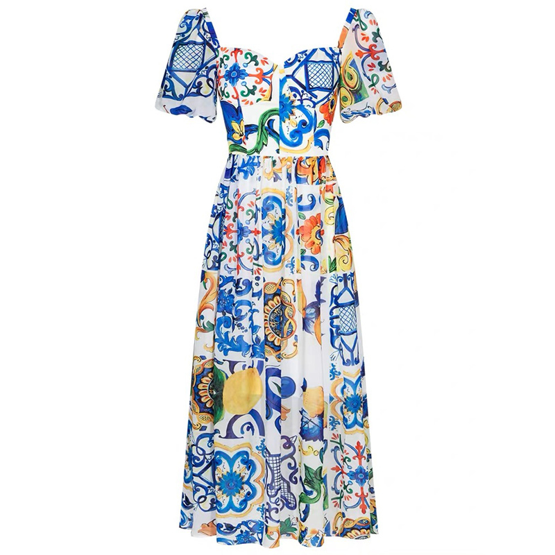 victorian square collar puff sleeve blue and white vintage printed summer maxi dress for women lady fashion chic robe 210421