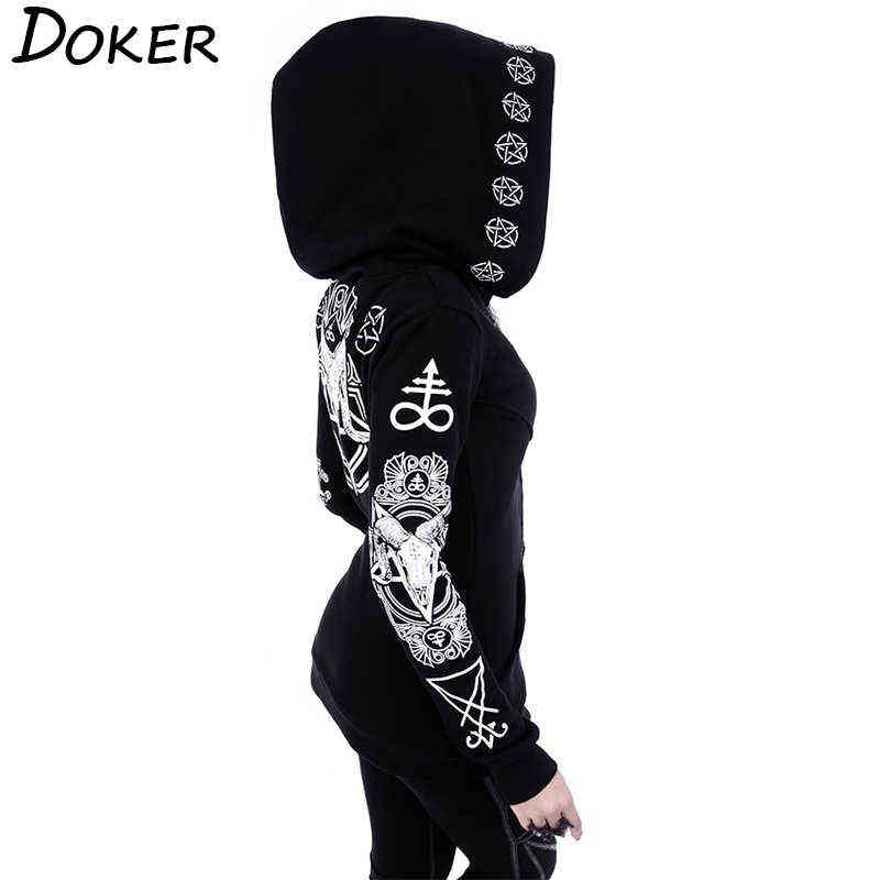 5XL Gothic Punk Print Hoodies Sweatshirts Women Long Sleeve Black Jacket Zipper Coat Autumn Winter Female Casual Hooded Tops 211108