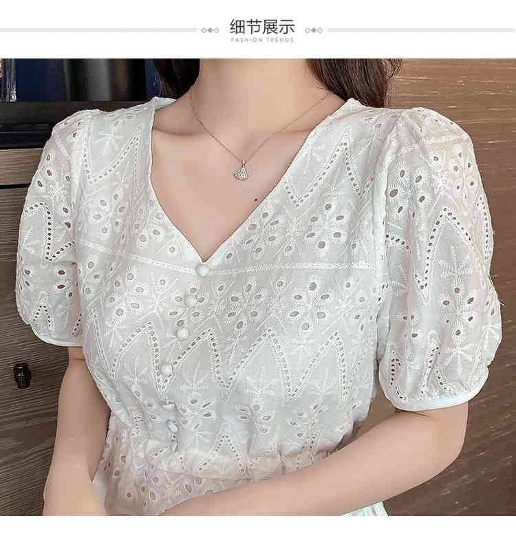 Fashion Lace Hollow Out Puff Sleeve Summer Dresses Slim Waist Embroidery White Dress Vestidos 210520