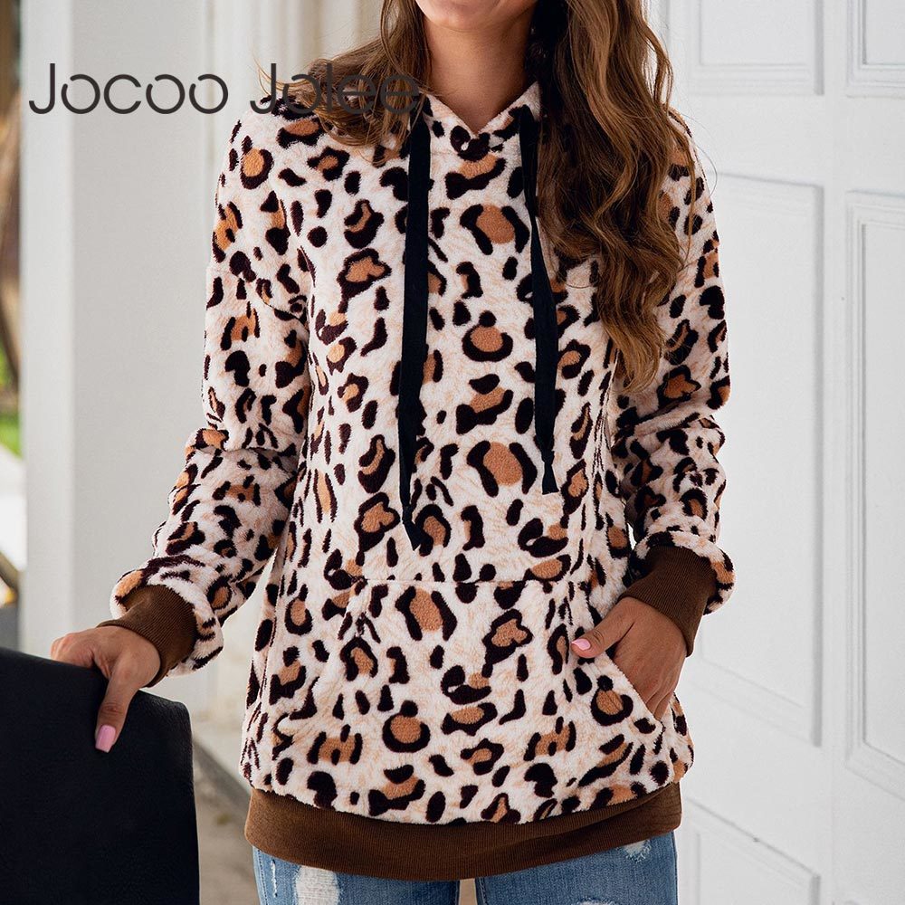 Women Loepard Prind Fleece Hoodies Vintage Loose Sweatshirts Autumn Winter Casual Pockets Fuzzy 210428