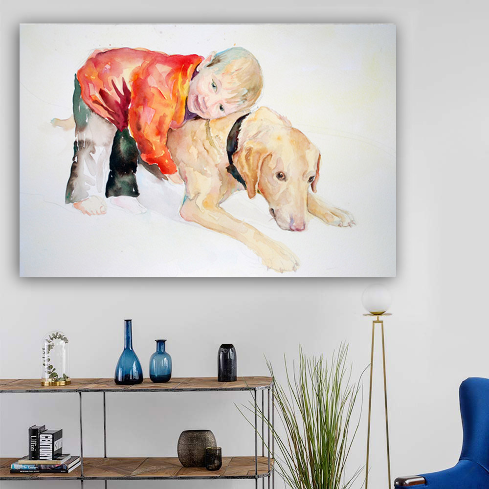 Abstract Canvas Print Poster Boy and Dog Playing Companion Wall Art Picture For Living Room Home Decor Canvas Painting No Frame