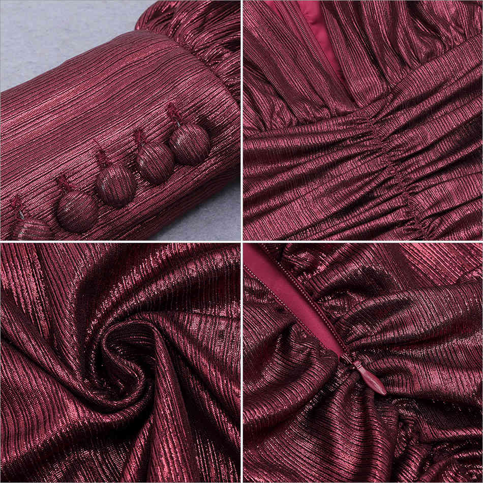 Winter Women Wine Red Long Sleeve V Neck Mini Club Dress Sexy Draped Buttons Celebrity Runway Party Bodycon 210423