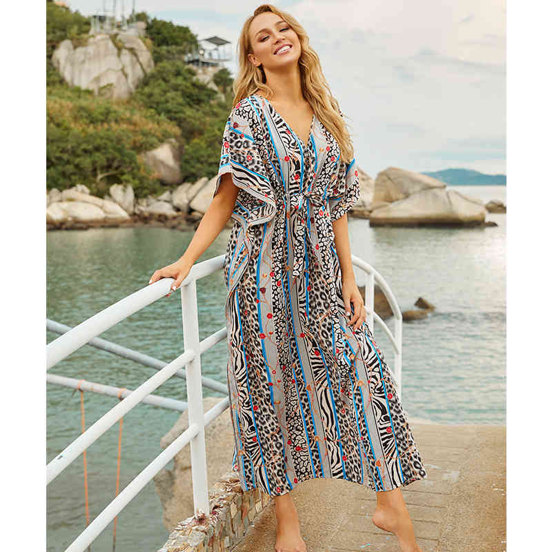 Sexy Bikini Cover-ups Cotton Tunic Boho Striped Summer Beach Dress Elegant Women Plus Size Wear Swim Suit Cover Up Q1105 210420