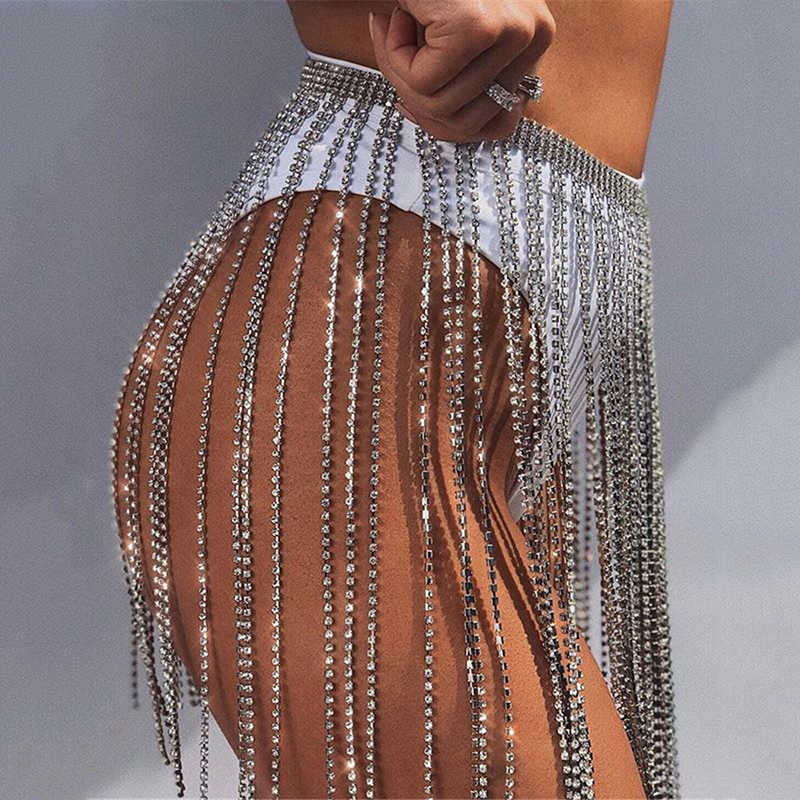 Chic Diamante Skirt Sexy Hollow Out Patchwork Shiny Tassel Metal Link Chain s Music Festival Lady Fashion 210621