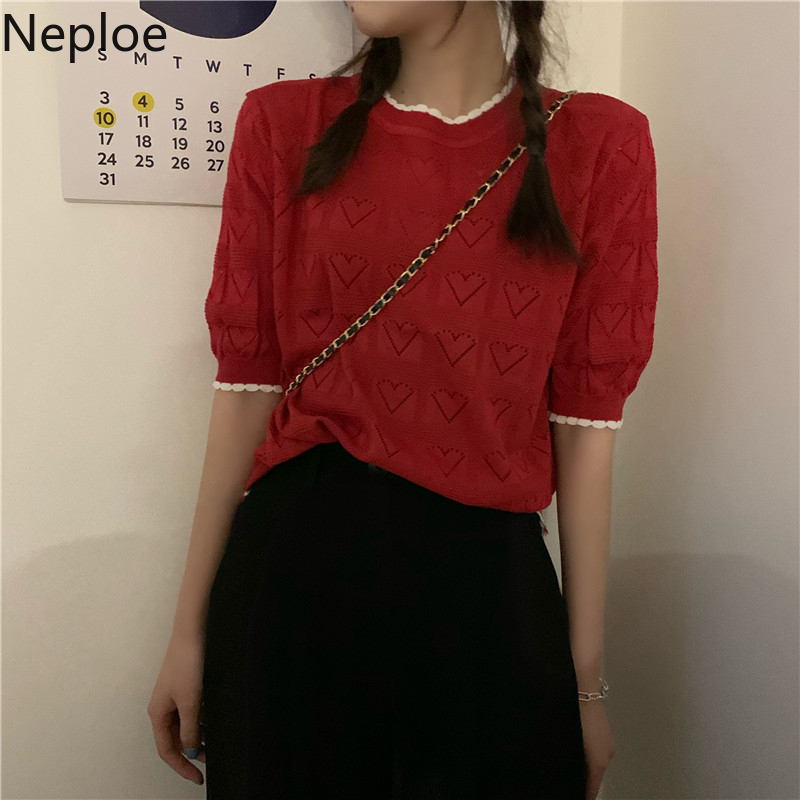 Neploe Women's T-shirts O Neck Short Sleeve Knitted Tops Summer Korean New Loose Solid Pullover Hollow Out Tees Shirt Femme 210422