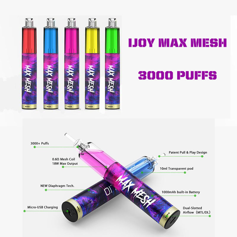 Original Ijoy Max Mesh Disaposable cigarettes Vape Pen 3000 Puffs 10.0ml 5% Capacity 1000mah Battery 8 color VS puff plus
Original Ijoy Max Mesh Disaposable cigarettes Vape Pen 3000 Puffs 10.0ml 5% Capacity 1000mah Battery 8 color VS puff plus