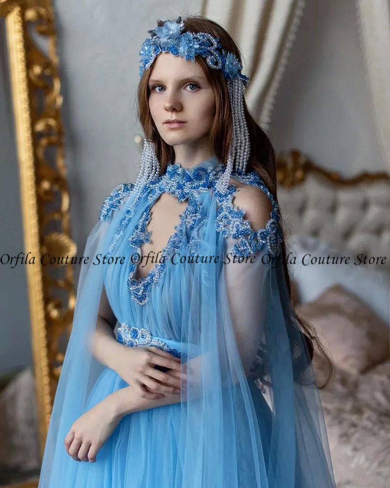 Blue Fairy Prom Dress Long Sleeves Tulle Beads Russia Style vestidos Evening Gowns Formales Abendkleider
