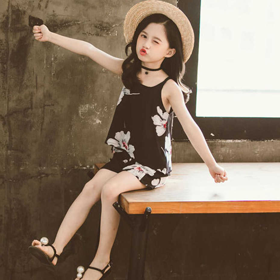Set Clothes For Girls Floral Vest + Short 2PCS Children'S Costumes Big Kids Summer 6 8 10 12 13 14 Year 210527
