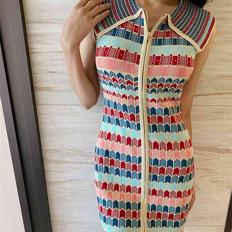 Vintage Summer Fashion Plaid Knitted Dress Women Sleeveless Lapel Collar Casual Zipper Slim Mini Female Vestidos 210519