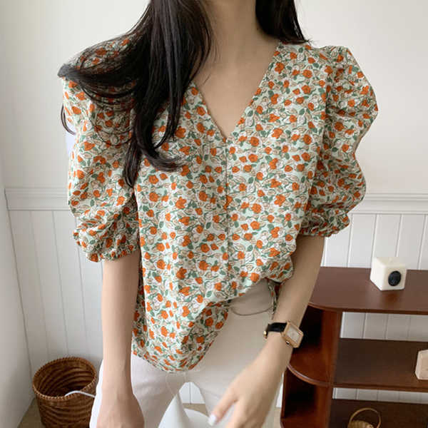 Korejpaa Women Shirt Summer Korea Chic Fresh Sweet Thin V-Neck Loose Casual All-Match Puff Sleeve Full Screen Flower Blouse 210526