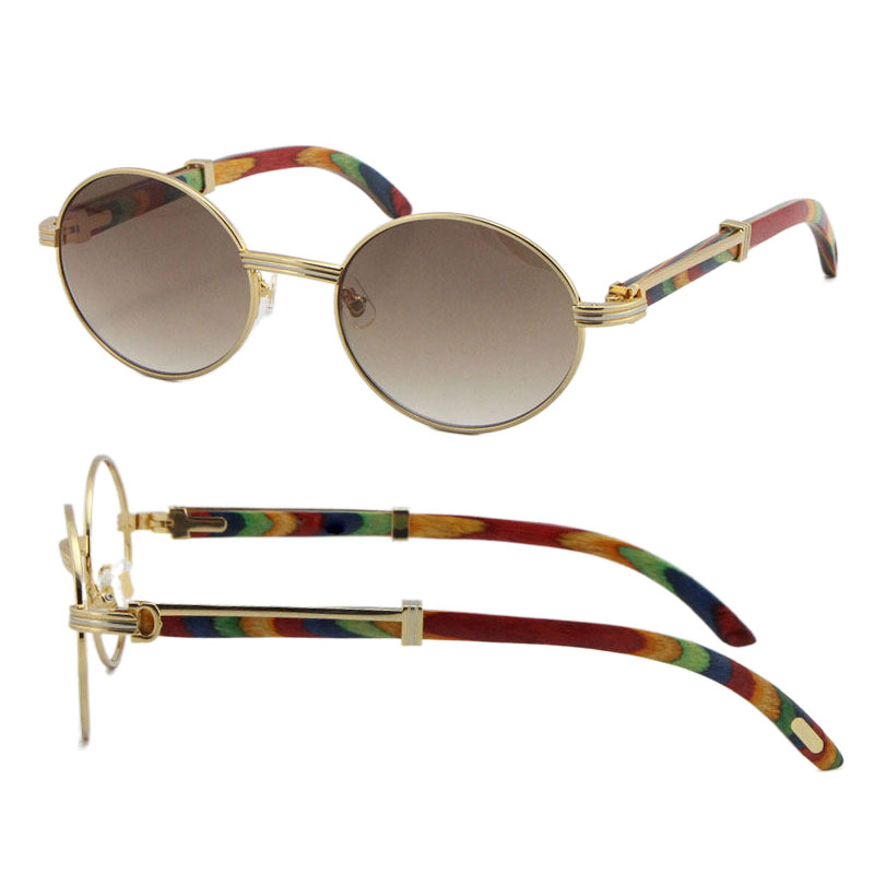 Wholesale Gold Vintage Wood Sunglasses Fashion Metal frames real Wooden For men 7550178 oval Size57 or 55 high quality lenses Dia Cat Glasses