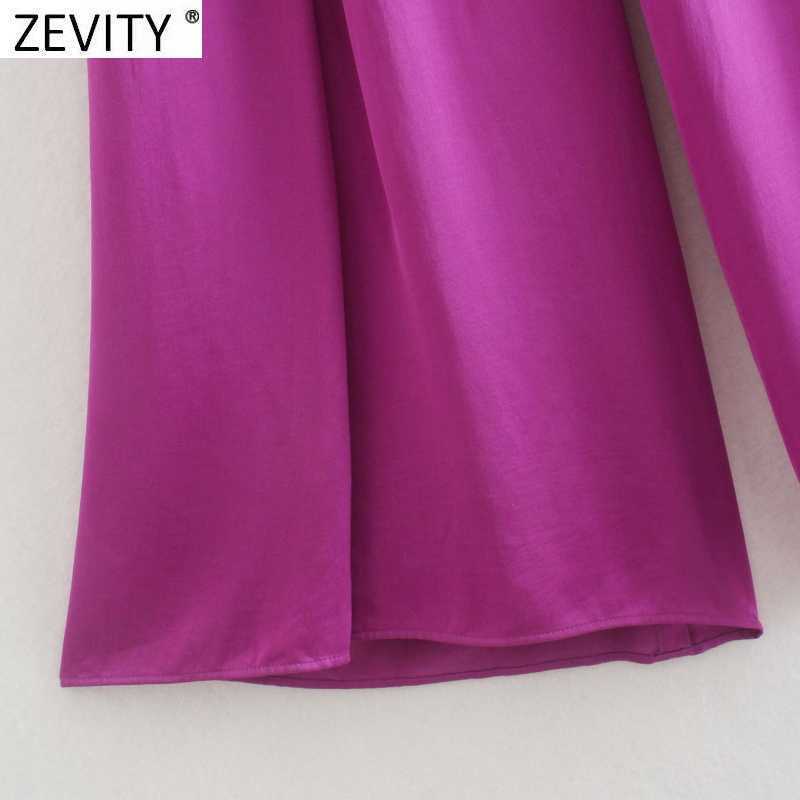 Zevity Women Fashion Solid Color Pleats Wide Leg Pants Office Ladies Side Zipper Fly Business Femme Chic Long Trousers P1137 210603