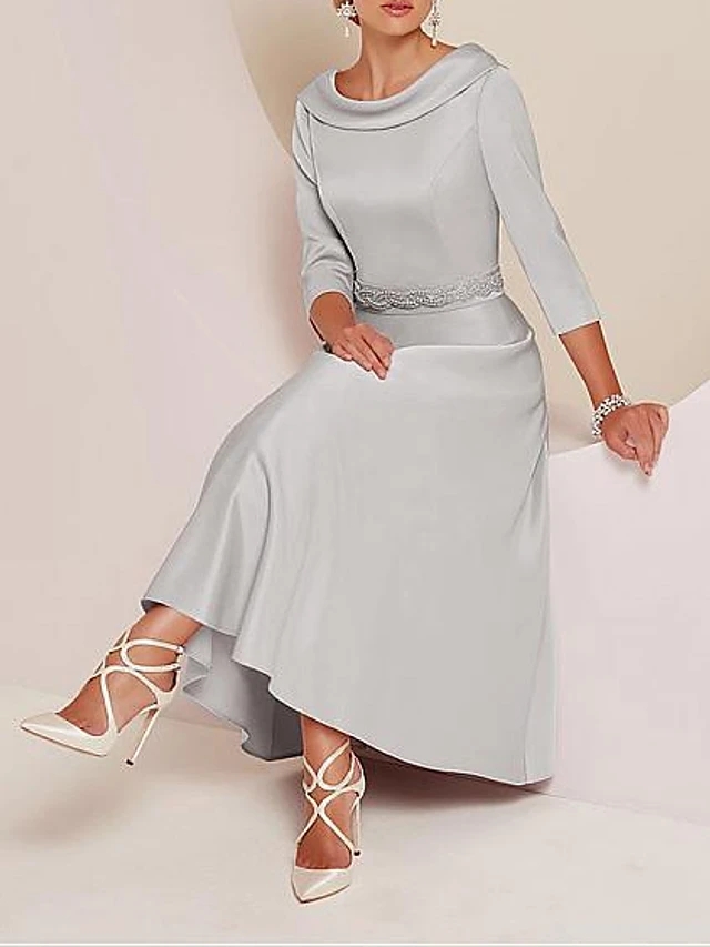 Champagen/Silver A-Line Mother of the Bride Dress Plus Size Elegant Bateau Neck Tea Length Satin 2025 Wedding Party Gown Vestidos Robe De Soiree