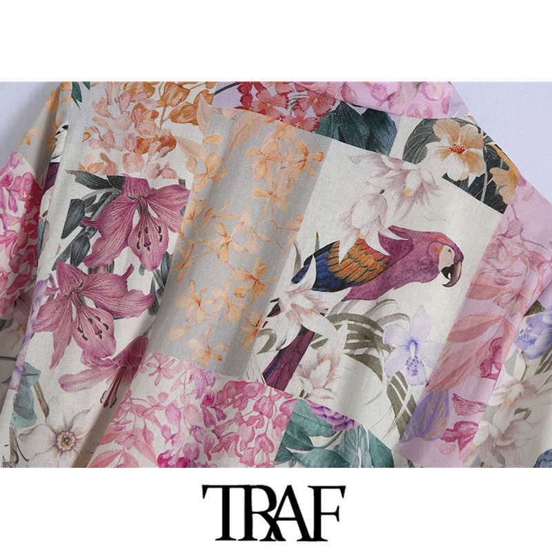 TRAF Women Chic Fashion With Belt Floral Print Mini Dress Vintage Long Sleeve Button-up Female Dresses Vestidos Mujer 210630