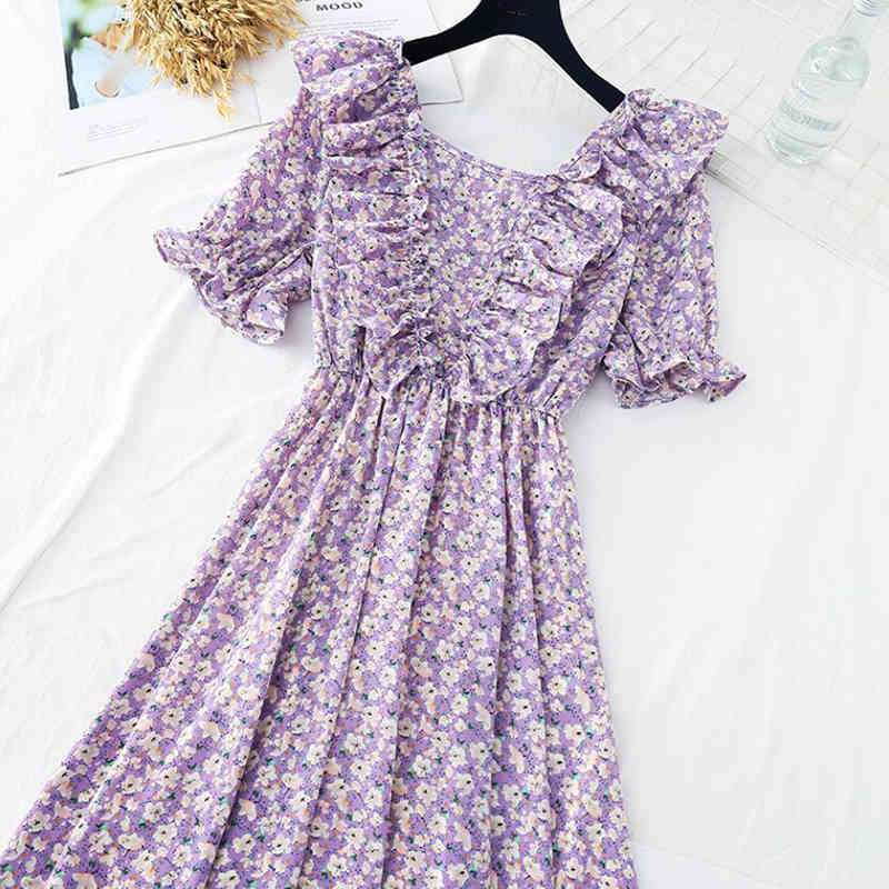 Purple chiffon dress Elegant V-neck Short Sleeve Women A-line Floral print Midi Dress Female Elastic Waist Party Vestidos 210521