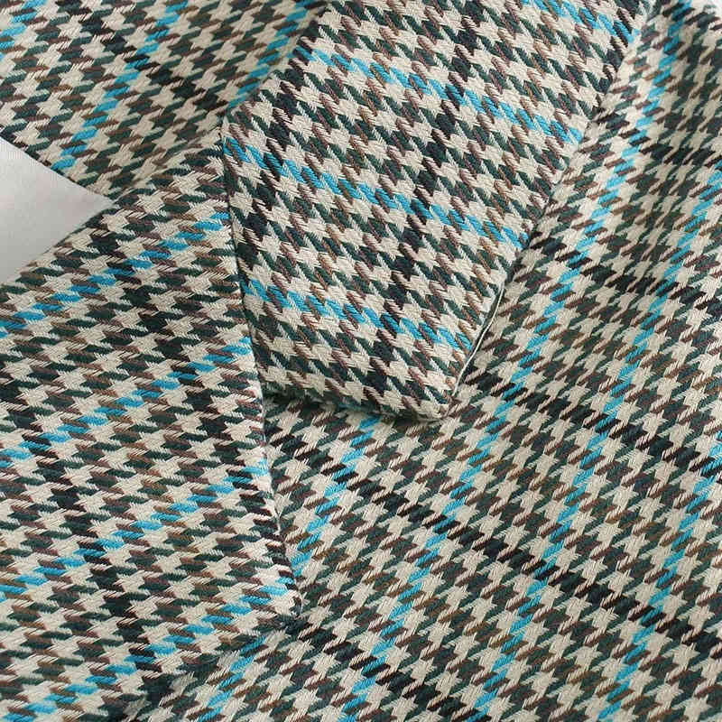 Women Elegant Green Plaid Blazer Long Sleeve Double Breasted Slim Check Coat Office Work Lattice Suit Jacket Outerwear 210520