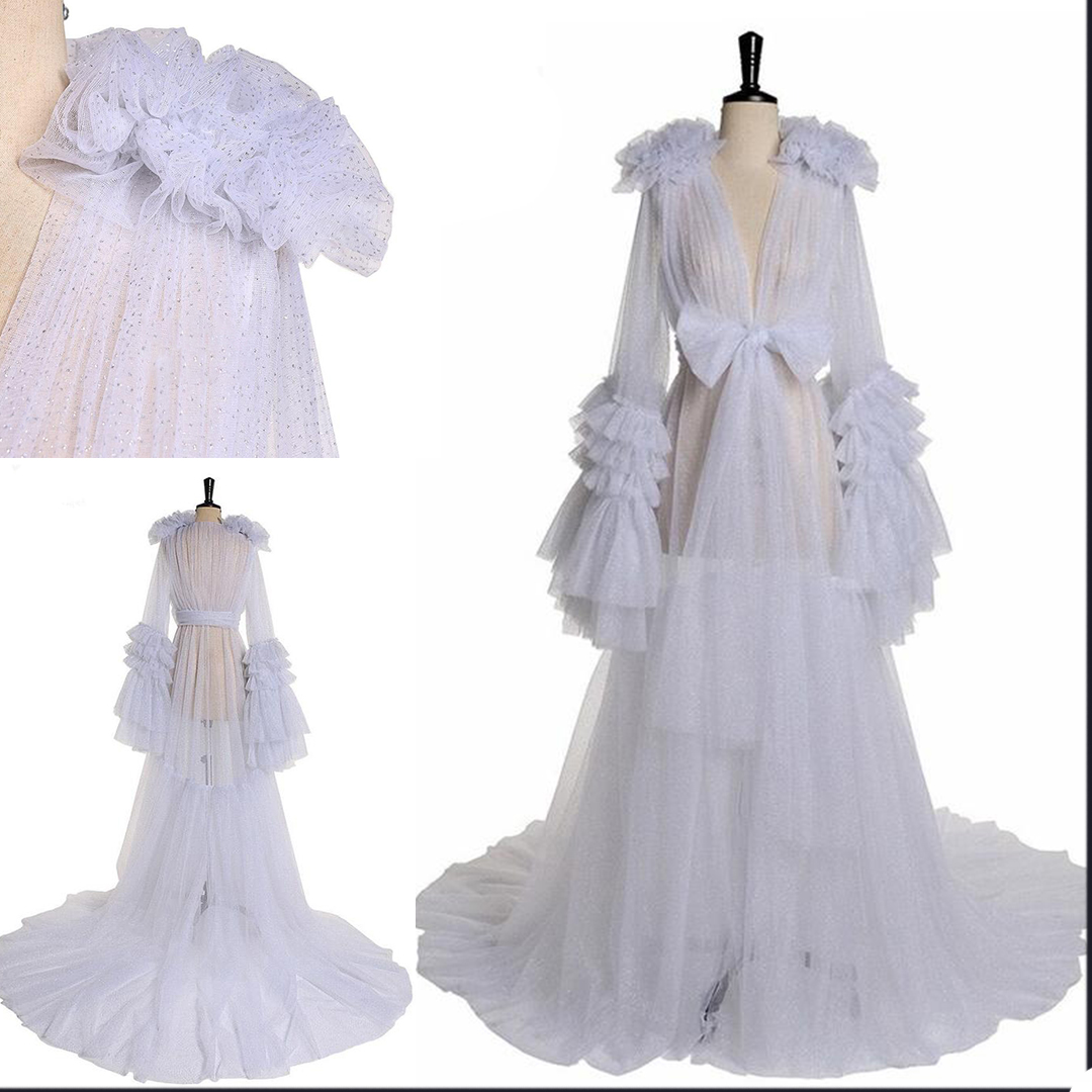 White Squine Ruffles Sleeves Tulle Kimono Women Dresses Robe for Photoshoot Extra Bow Sexy Prom Gowns African Cape Cloak Maternity Dress Photography
