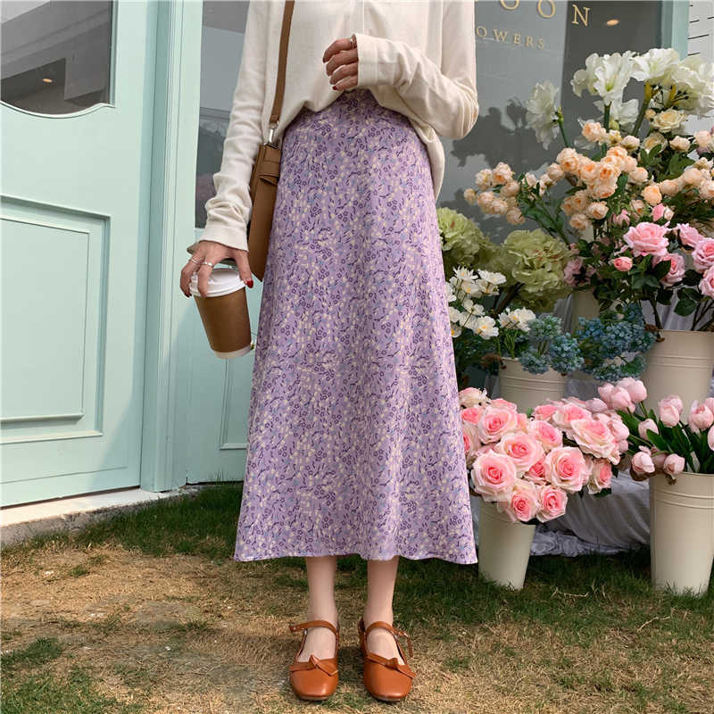 Floral Purple Print Ruffle Pleated Long Skirts Summer Women Korean Style Streetwear Drawstring Elastic Waist Midi Skirt 210619