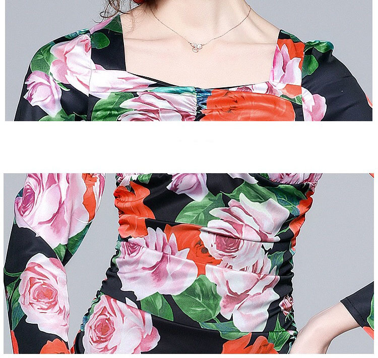 spring summer arrival rose flower square collar long sleeve meirmaid midi dress for women draped party causal dresses 210421
