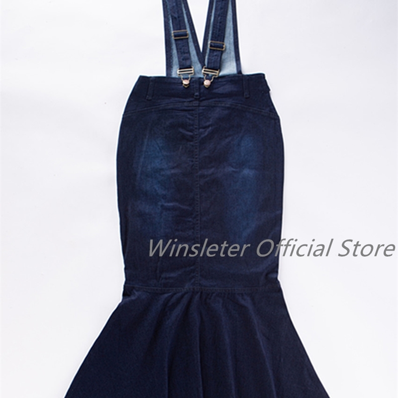 Suspender Skirt Women Overalls No Stretch V-neck Buttons Maxi Long Skirt Mermaid Trumpet Empire High Waist Jeans J9D891 T200803