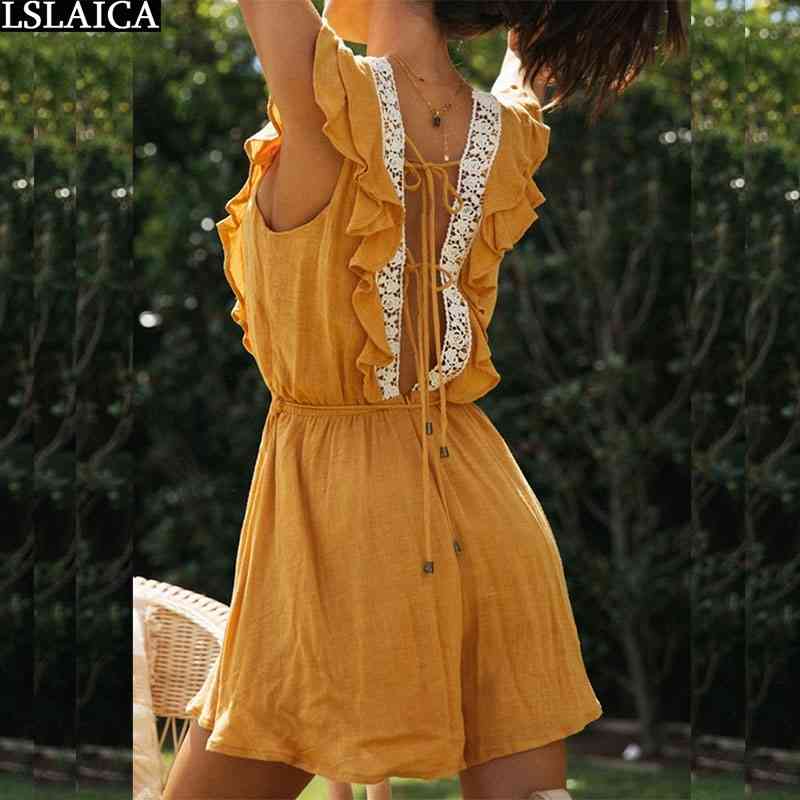 Clothes Women Backless Ruffles Solid Color Loose Casual Fashion Summer Women's Square Neck Lace Stitching Playsuits 210520, Beige
Clothes Women Backless Ruffles Solid Color Loose Casual Fashion Summer Women's Square Neck Lace Stitching Playsuits 210520, Beige