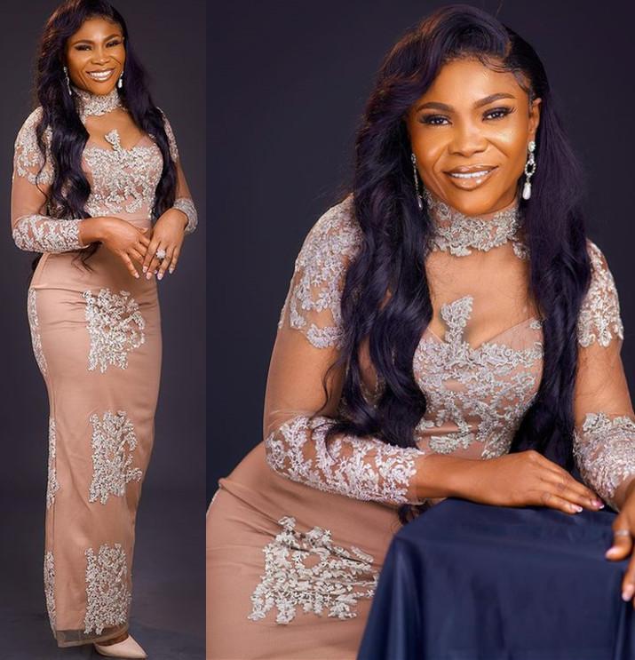 Arabic Aso Ebi Champagne Nude Prom Formal Dresses 2022 Long Sleeve Lace Applique African High Neck Evening Dress Wear Robes