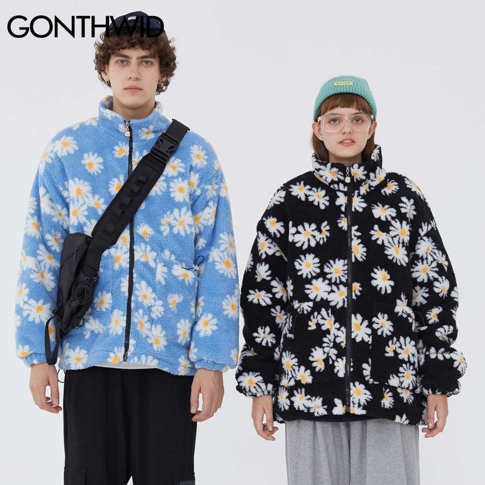 GONTHWID Cotton Padded Thick Parkas Jackets Streetwear Hip Hop Daisy Print Fleece Warm Full Zip Coats Fashion Harajuku Outwear 210818
