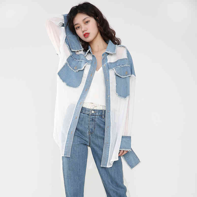 [EAM] Women Chiffon Burrs Denim Big Size Blouse Lapel Long Sleeve Loose Fit Shirt Fashion Spring Autumn 1DD127300 210512