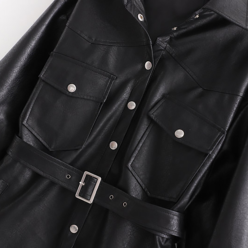 Faux Leather Jackets Women Fashion PU Black Coat Elegant Belt Waist Pockets Buttons Female Coats Streetwear Ladies 210515