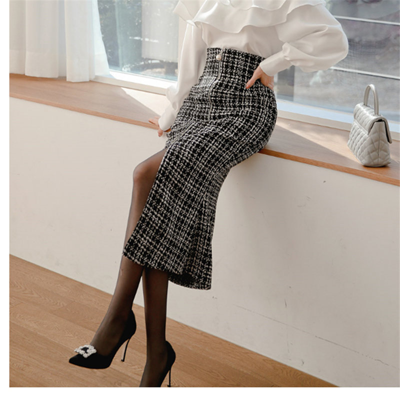 OL Elegance Women Mermaid Houndstooth Sexy Woolen Streetwear High Waist Quality Trumpets Vintage Long Skirts 210421
