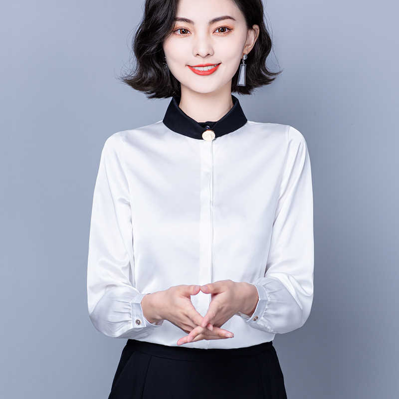 Korean Silk Women Shirts Long Sleeve Blouses Office Lady Satin White Shirt Tops Plus Size Blusas Femininas Elegante 210531