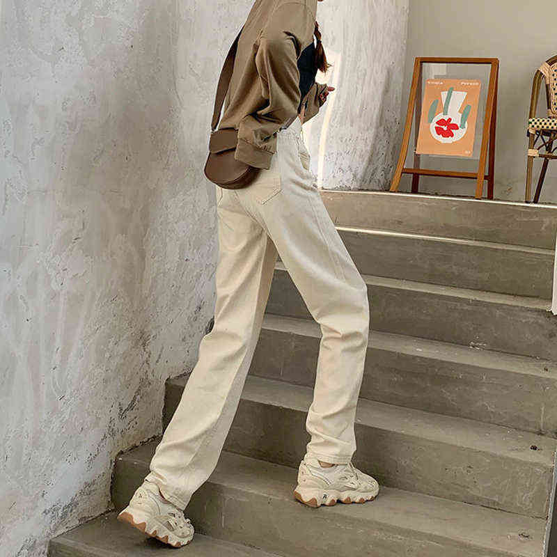 High Waist Spring Fashion Jean Pants Beige Wide Leg Straight Harajuku Streetwear Casual Trousers Jean Femme 211112
