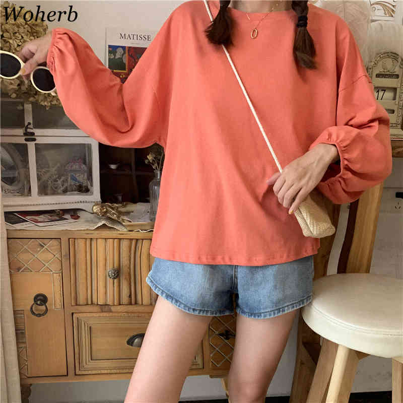 Long Lantern Sleeve T -shirt Women Crew Neck Causal Solid Shirts Spring Summer All Match Basic ops ee Femme 210519