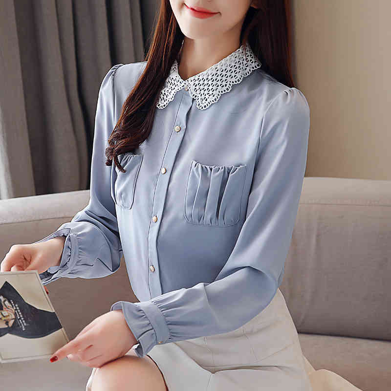 Fashion Chiffon Shirts women Long Sleeve Turn-down Collar Pockets Clothing Casual Womens Tops and Blouses 5584 50 210506