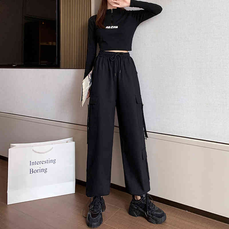 Big Pockets Cargo Women Waist Loose Streetwear Drawstring Trouser High Quality Pants B11206P 210416