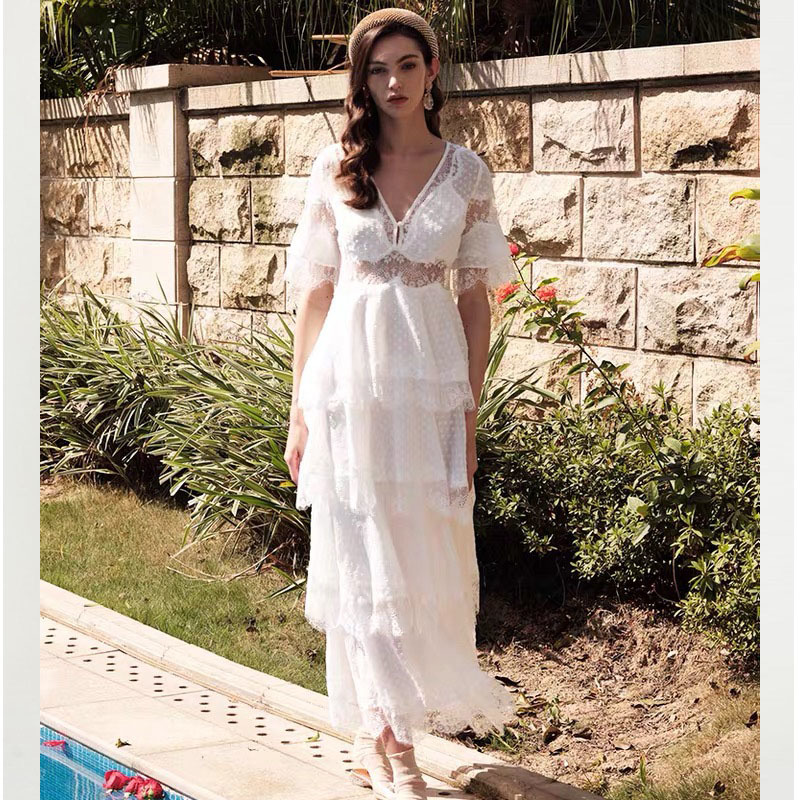 Women Long Dress Short Sleeve Holiday and Vocation Lace Hollow Out Ruffled Style Light Blue Sexy 210421