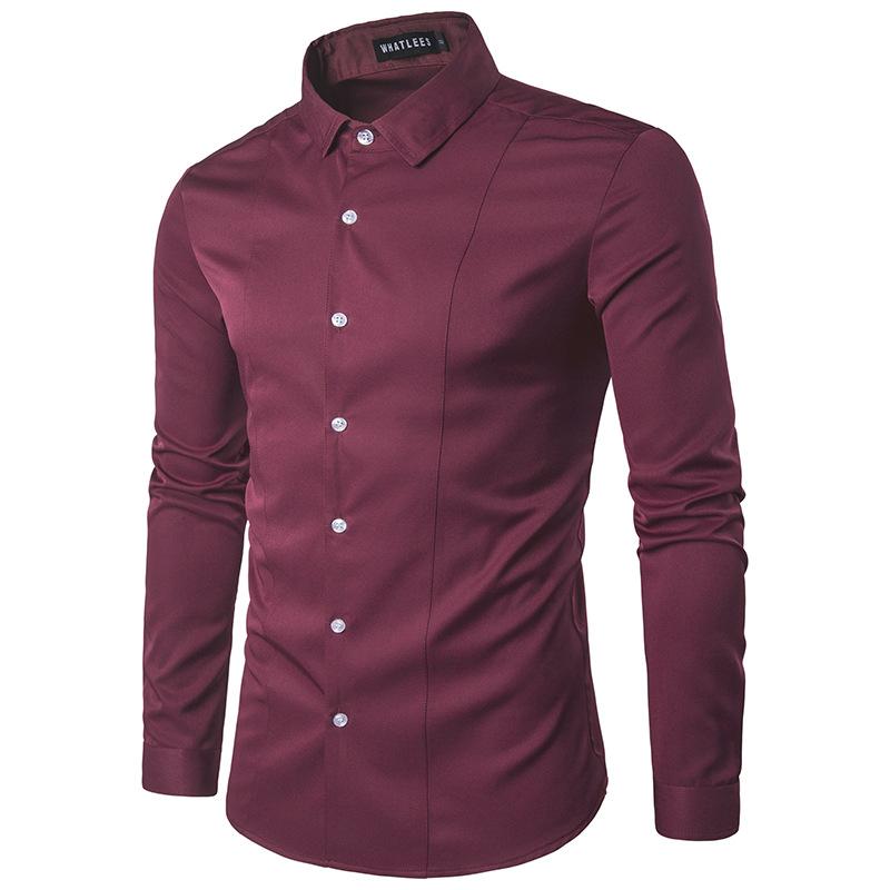 Lowest Price Sale Pure Color Novelty Design Men's Slim Fit M-2XL Young Man Shirts Full Sleeve Casual Boy Clothing