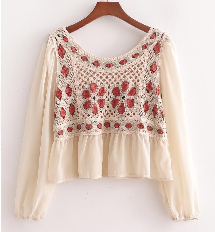 Ethnic Retro Long Puff Sleeve Spliced Lace Crochet Flower Short Shirt Women Loose Pullover Cropped Blouse Girl's Tops 210429