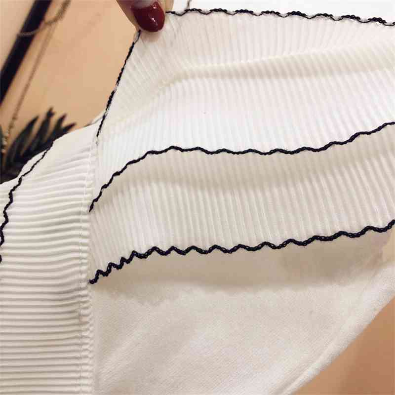 Three-layer ruffles chiffon patchwork ice silk knitted sweater women Korean o-neck thin pullover black white tops summer 210810wtt