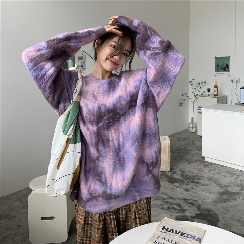 Wonder Vintage Tie Dye Oversize Sweater Warm Thick Purple Pullovers Batwing Sleeve BF Tops Knitted Outwears 210510 - view 4
