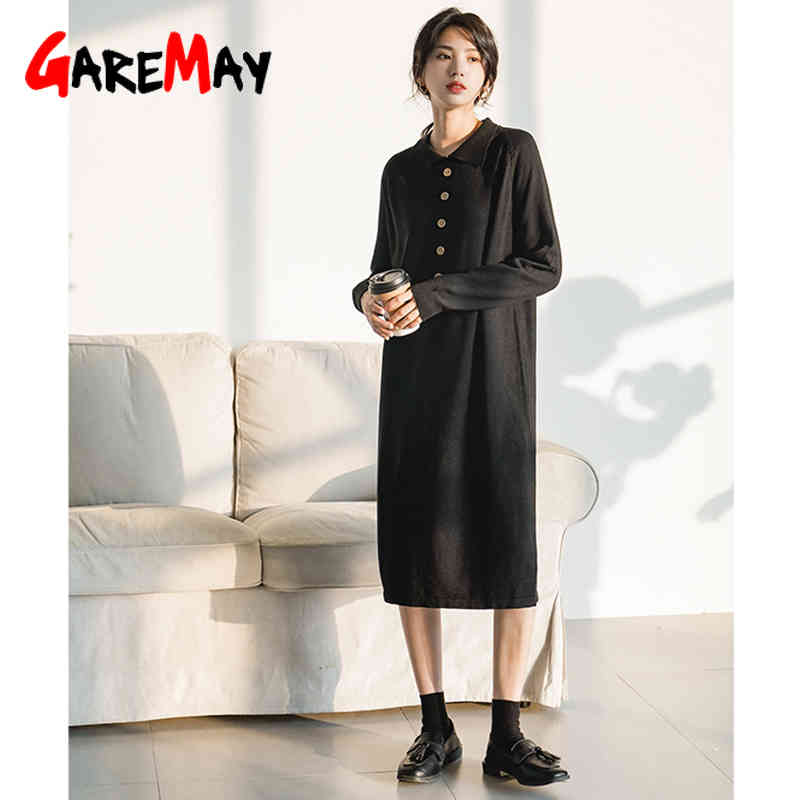 Autumn Women's Dress Office Casual Long Sleeve Maxi Sweater Oversize Turndown Elegant Knitted 210428