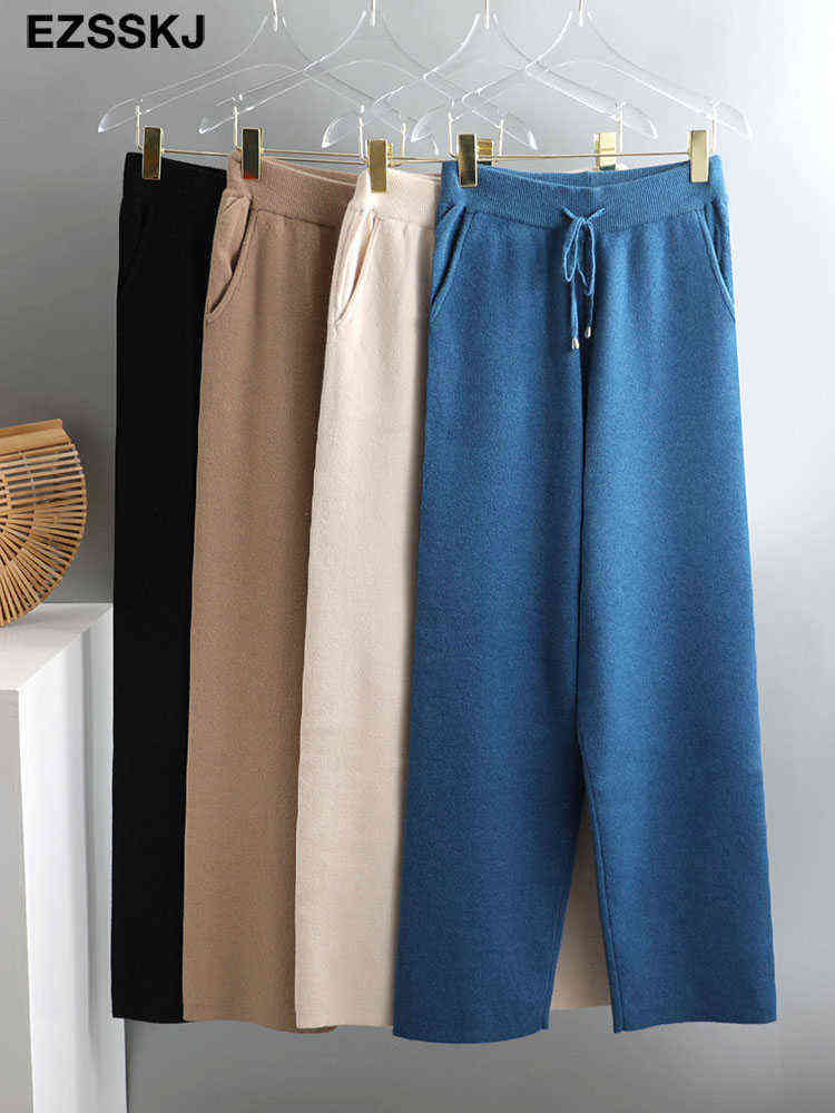 Women Elastic Waist HIGH Quality wide lege Trousers Thick Knitted Autumn Winter Sport pants sweater cashmere 211124Z