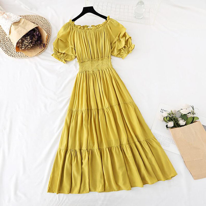 Fashion Summer Vintage Cotton linen Dress Elegant Ruffle off-the-shoulder Midi Long Dress Pleated Casual Dress Vestido 210521