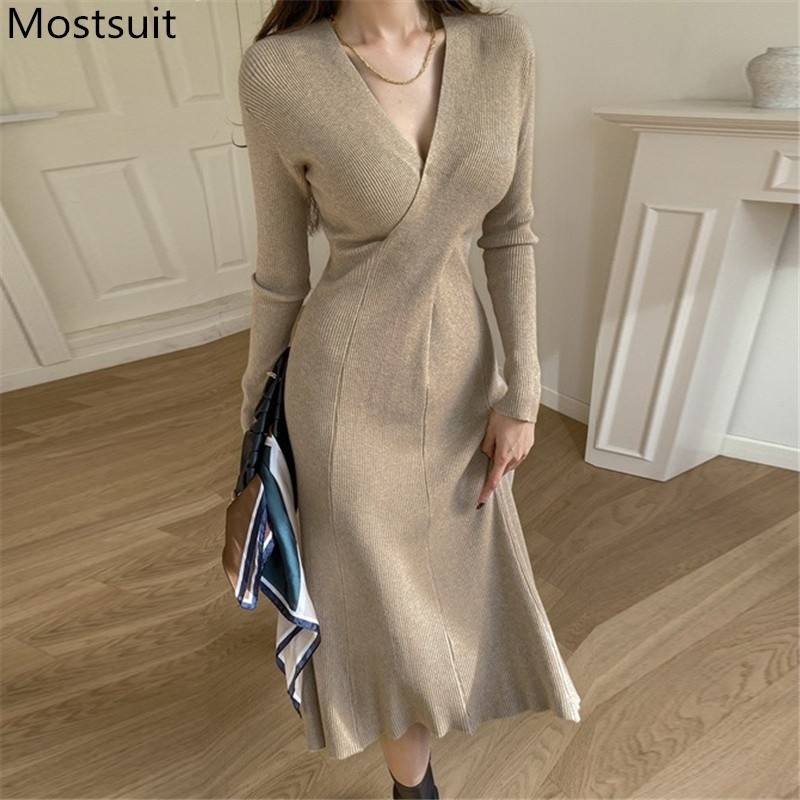 Korean Crossed Knitted Long Dress Women V-neck Full Sleeve Solid Sexy Elegant Fashion Ladies Dresses Vestidos Femme 210518, Black
Korean Crossed Knitted Long Dress Women V-neck Full Sleeve Solid Sexy Elegant Fashion Ladies Dresses Vestidos Femme 210518, Black