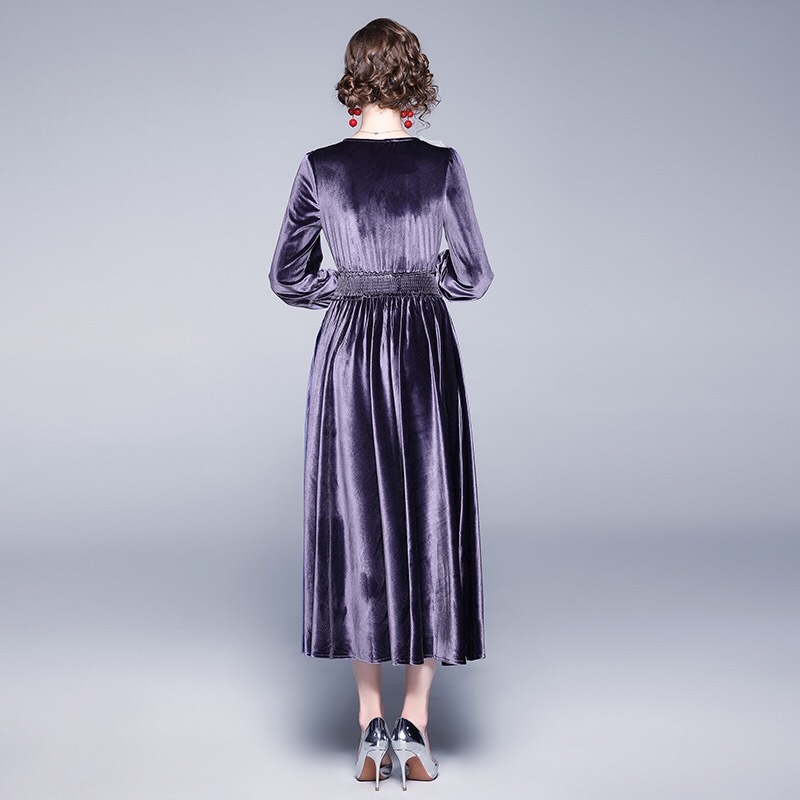 Plus Size Boho Autumn Vintage Velvet Elegant Long Midi Lantern Sleeve Dress Elastic High Waist Turn Down Collar 210421