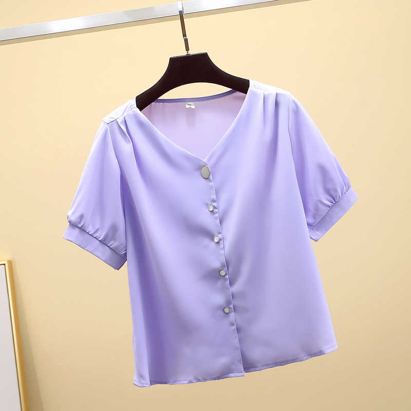 Korean Chiffon Blouse Simple V-neck Short Cardigan Shirts Women Summer Solid Sleeve Top Female Blusas 9881 210506