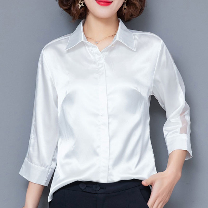 Korean Fashion Clothing Chiffon Blouse Women Three Quarter Button Solid Plus Size Top Pink And White OL Ladies Tops 7996 50 210415