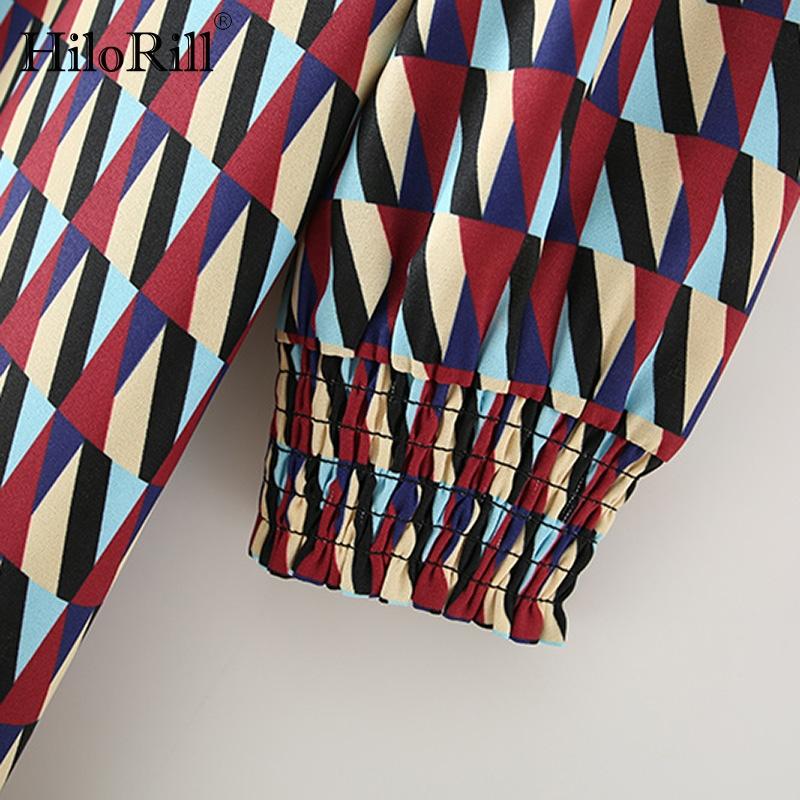 HiloRill Geometric Print Vintage Long Shirt Dress Women Office Wear Elegant Bow Tie Turn Down Collar Casual Vestido Dresses